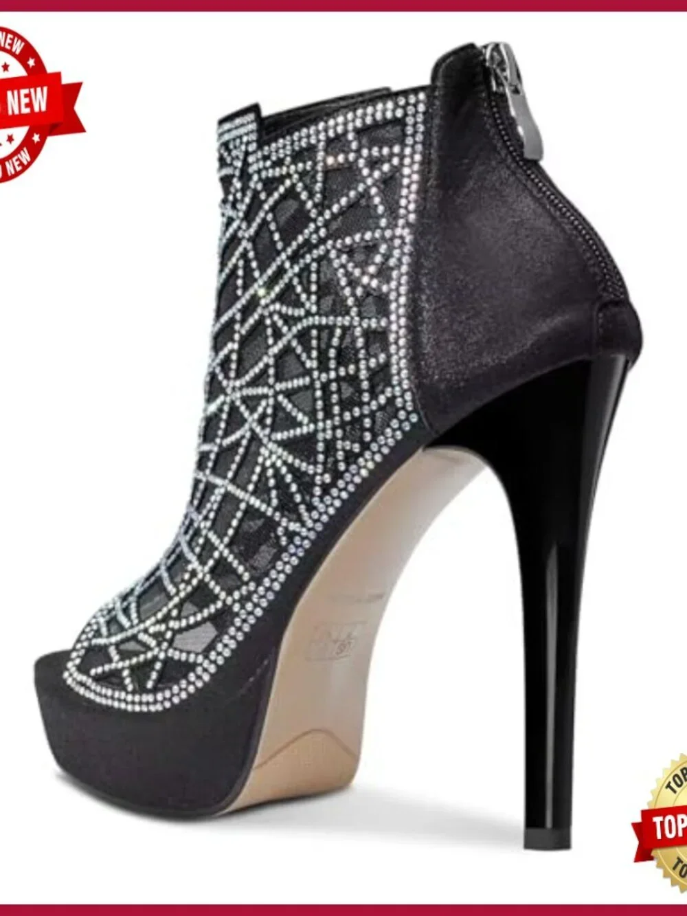 Crystal Stiletto Platform Sandals Peep-Toe High Heels With Zipper